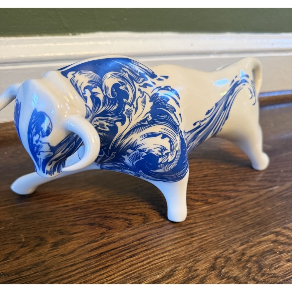 Ceramic Bull Sculpture Figurine Made In Spain White with Blue Markings